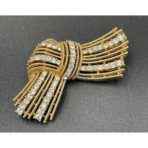 Crown Trifari Cavalcade Gold Tone Clear Rhinestone Bow Brooch Alfred Philippe